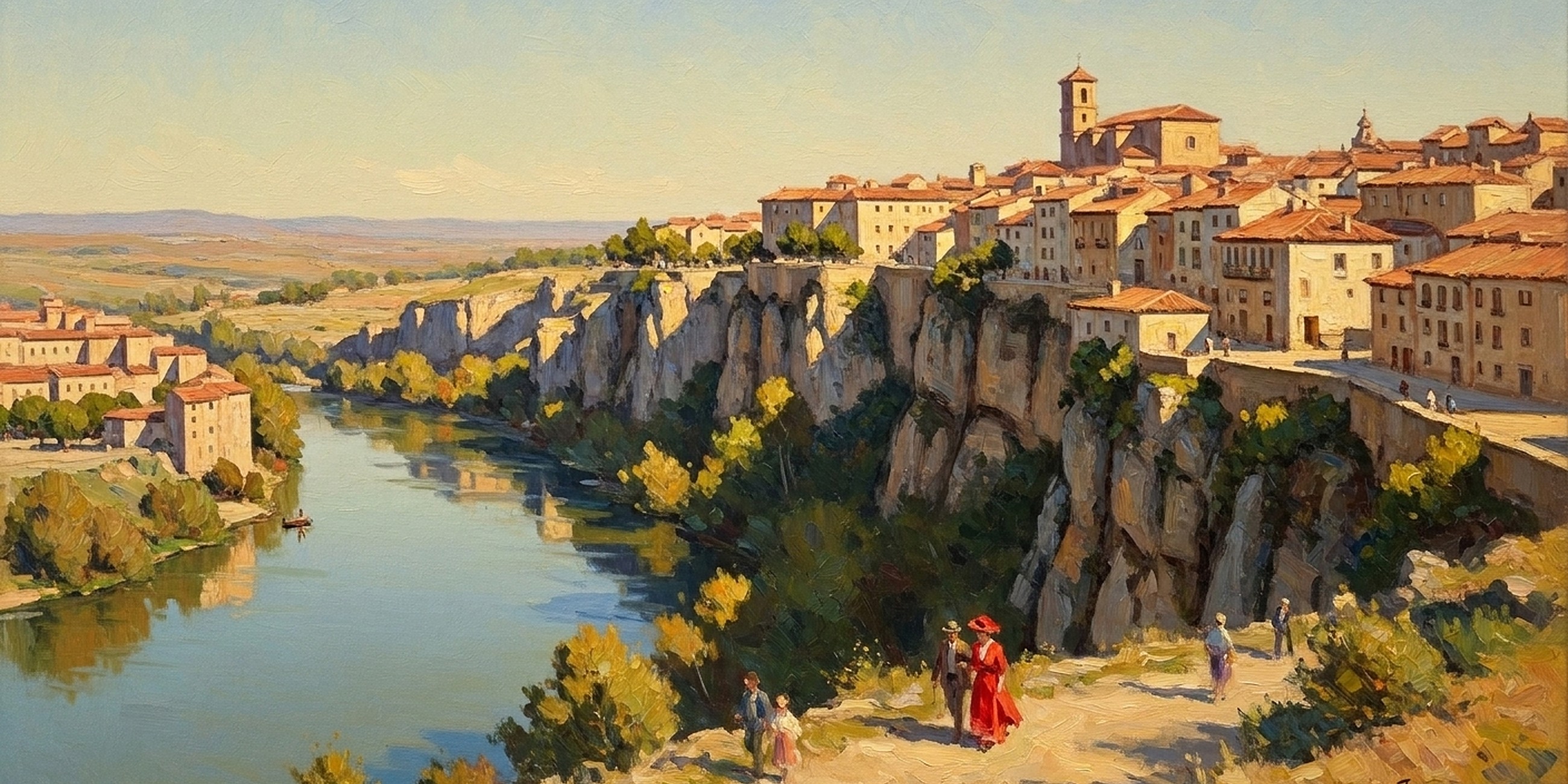 Pintura al atardecer del casco antiguo de Cuenca y sus Casas Colgadas sobre la hoz del río, con paseantes en primer plano.