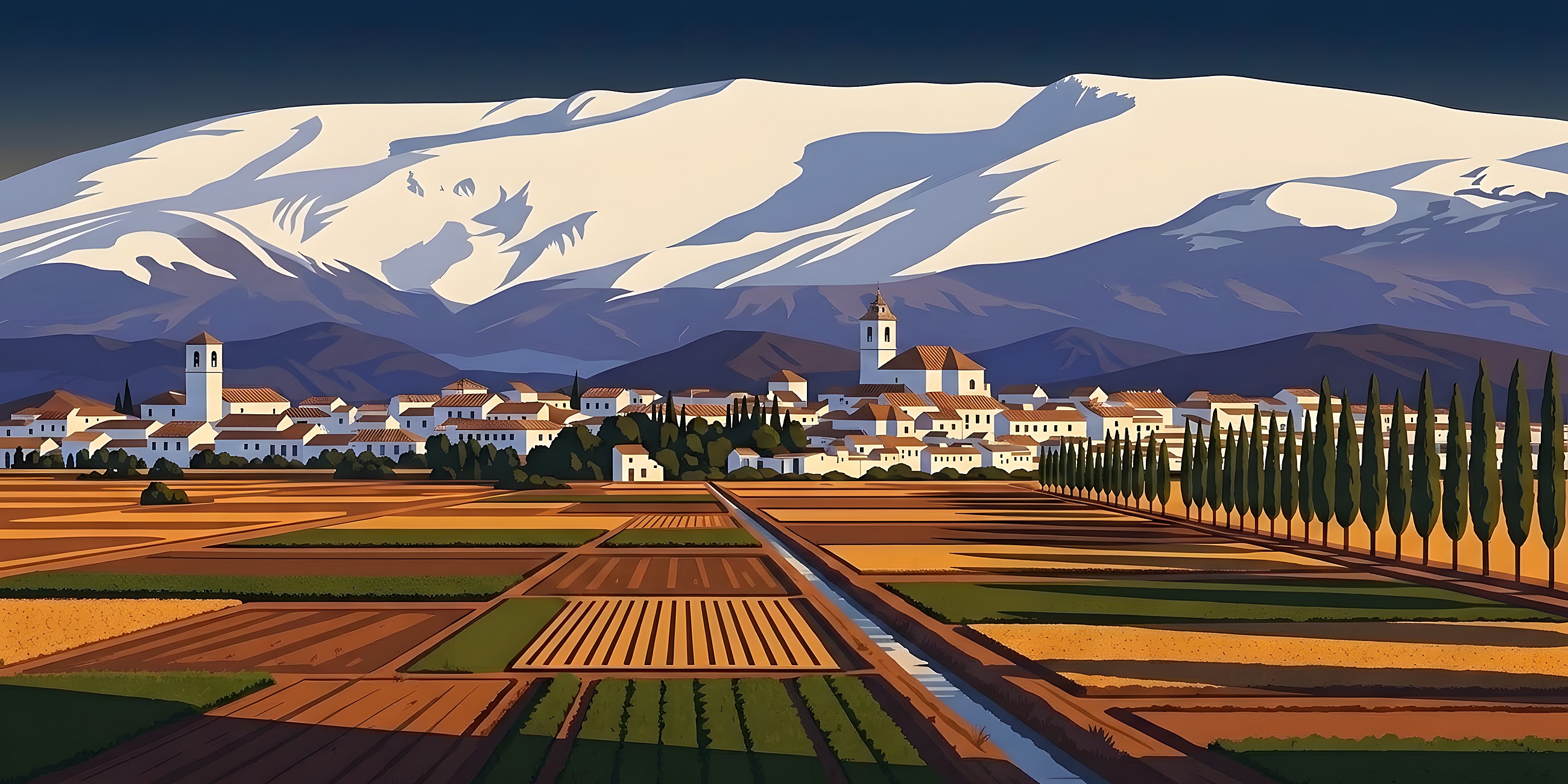 Ilustración de la Vega de Granada: parcelas de cultivo con una acequia, hileras de álamos, pueblo blanco con dos torres y Sierra Nevada nevada al fondo